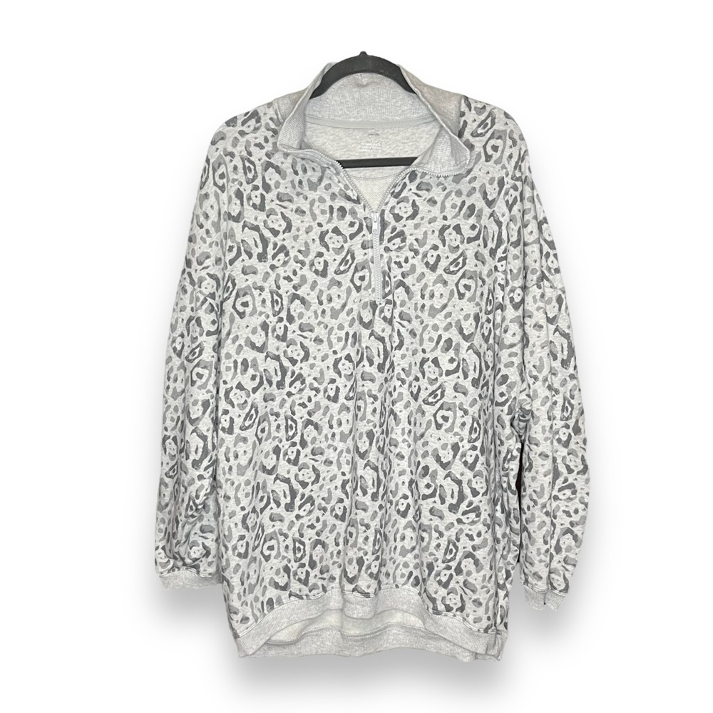 aerie Light Gray Leopard Print Quarter-Zip Sweatshirt